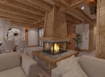La cheminée, 3D Perspective intérieur du Chalet Roc de Fer à Saint Martin de Belleville, client Promojay